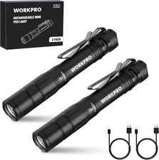WORKPRO Rechargeable Pen Light, Mini Flashlight, 2 Pack Ultra-Compact Black 