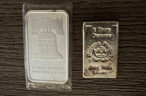 8oz .999 Silver Bars - 5oz SD Bullion and 3oz Monarch Poured Bar - 8 oz Total NR