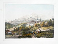 c1850 Berchtesgaden Alpen-Panorama Kolorierte und teilweise eiweissgehöhte Litho