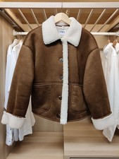 ZARA COAT JACKET LARGE BROWN FAUX SHEARLING SHEEPSKIN POCKETS LINED WOMENS