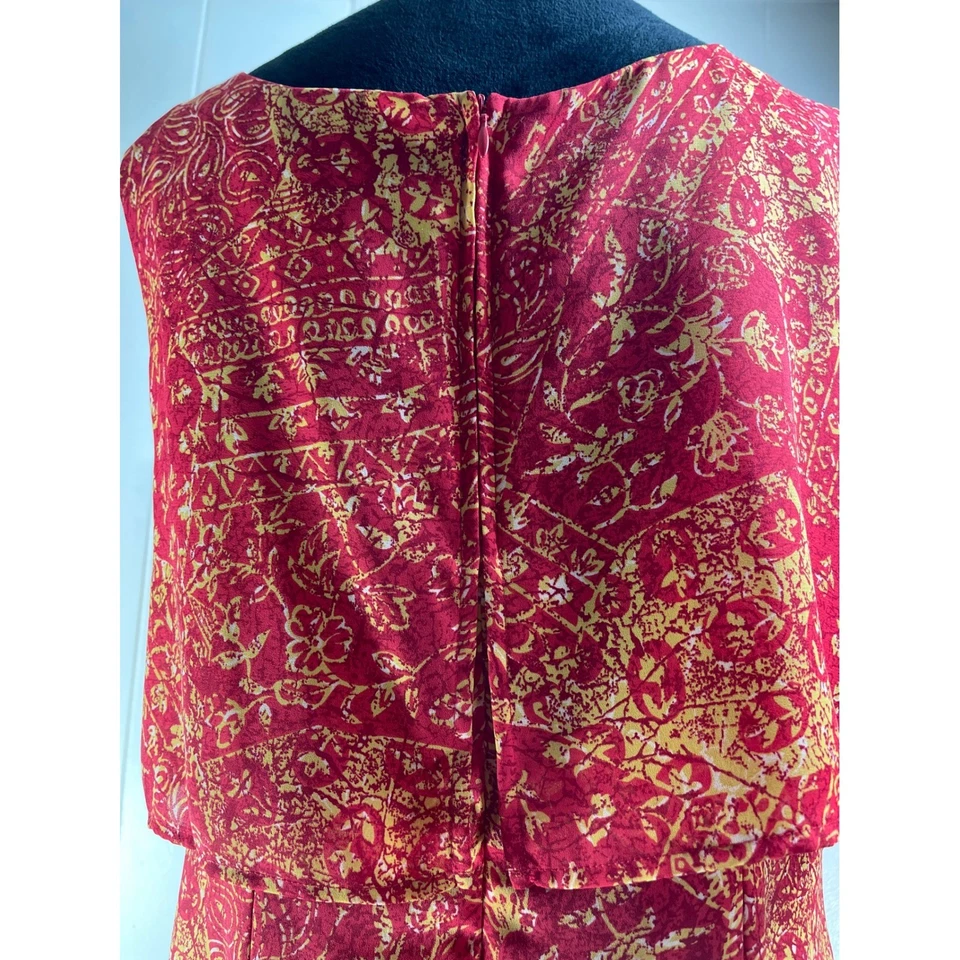 Vestido maxi feminino NY Sake tamanho 16 sem mangas ouro vermelho paisley festa cruzeiro - Imagem 4 de 4