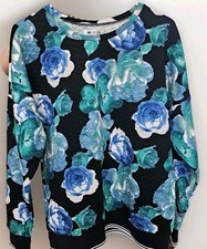 MB DESIGN Women's Floral Pullover Sweatshirt Black Blue Striped Cuffs L