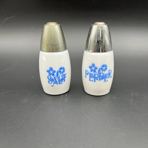 Westinghouse Salt and Pepper Shakers Milk Glass Blue Cornflowers Vintage