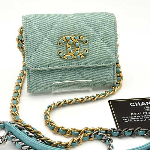 CHANEL 19 Mini Shoulder Bag Denim Chain Light Blue Gold Silver Flap
