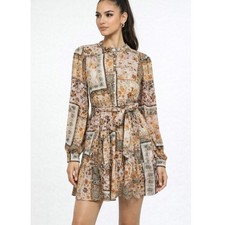 Daydream Patchwork Long Sleeve Mini Dress Pink Women's Sz L Ruffled Collar Boho 