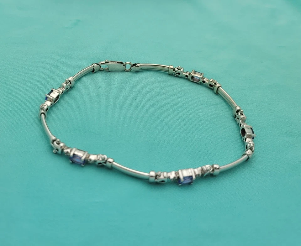 Brazalete Tenis Diamante Tanzanita Púrpura Oro Blanco 14K Años 90 De Colección-7" De Largo Foto 3 de 4
