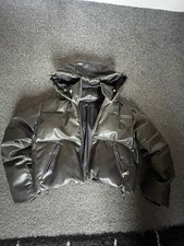 Zara Black Faux Leather Cropped Hooded Puffer Jacket Size S