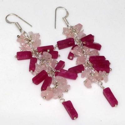 Beaded Grapes Simulated Ruby Rose Quartz Earrings Gemstone Size 3.1'' GW