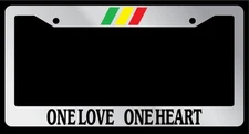 Chrome Metal License Plate Frame "One Love One Heart" w/STRIPES Auto Accessory