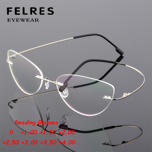 Randlose Damen Lesebrille Metalllegierung Blaulicht blockierende Katzenbrille - Bild 1 von 21