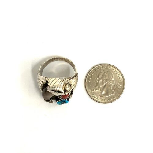 Vintage Schild Sterling ES Navajo Bär Türkis Koralle Stein Kuppelring 10 1/2 - Bild 3 von 7