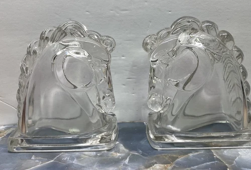 Vintage Federal Glass Horse Head Bookends Office Bookshelf Decor Derby Equine