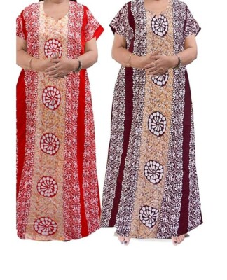 knee length dresses for ladies Printed Green Cotton Maxi Night Dress Nighty for Ladies – Stilento main image 0