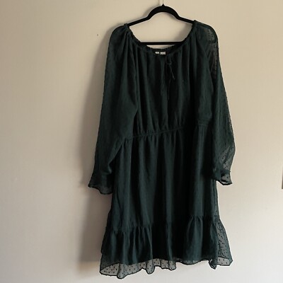H & M Divided Women Plus 3XL Green Swiss Dot Sheer Long Sleeve Blouson Dress NWT