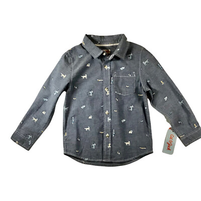 Toddler Boys' Puppy Print Long Sleeve Button-Down Shirt - Cat & Jack - Blue 5T