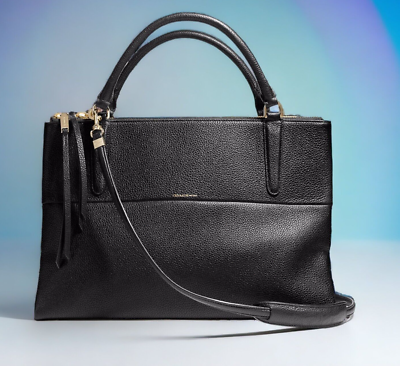 New COACH 28160 BOROUGH Pebbled Black Leather Satchel Handbag Rare