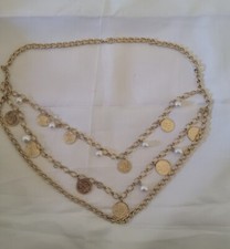 Gold Tone 3 Layered Chain or Belt With Dangling Pearls And Fake Coins