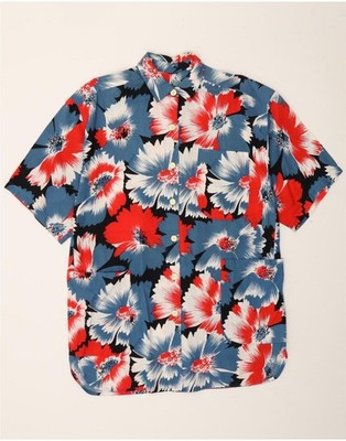 VINTAGE Damen Kurzarm Shirt UK 14 Medium Mehrfarbig Blumenmuster Baumwolle DH33