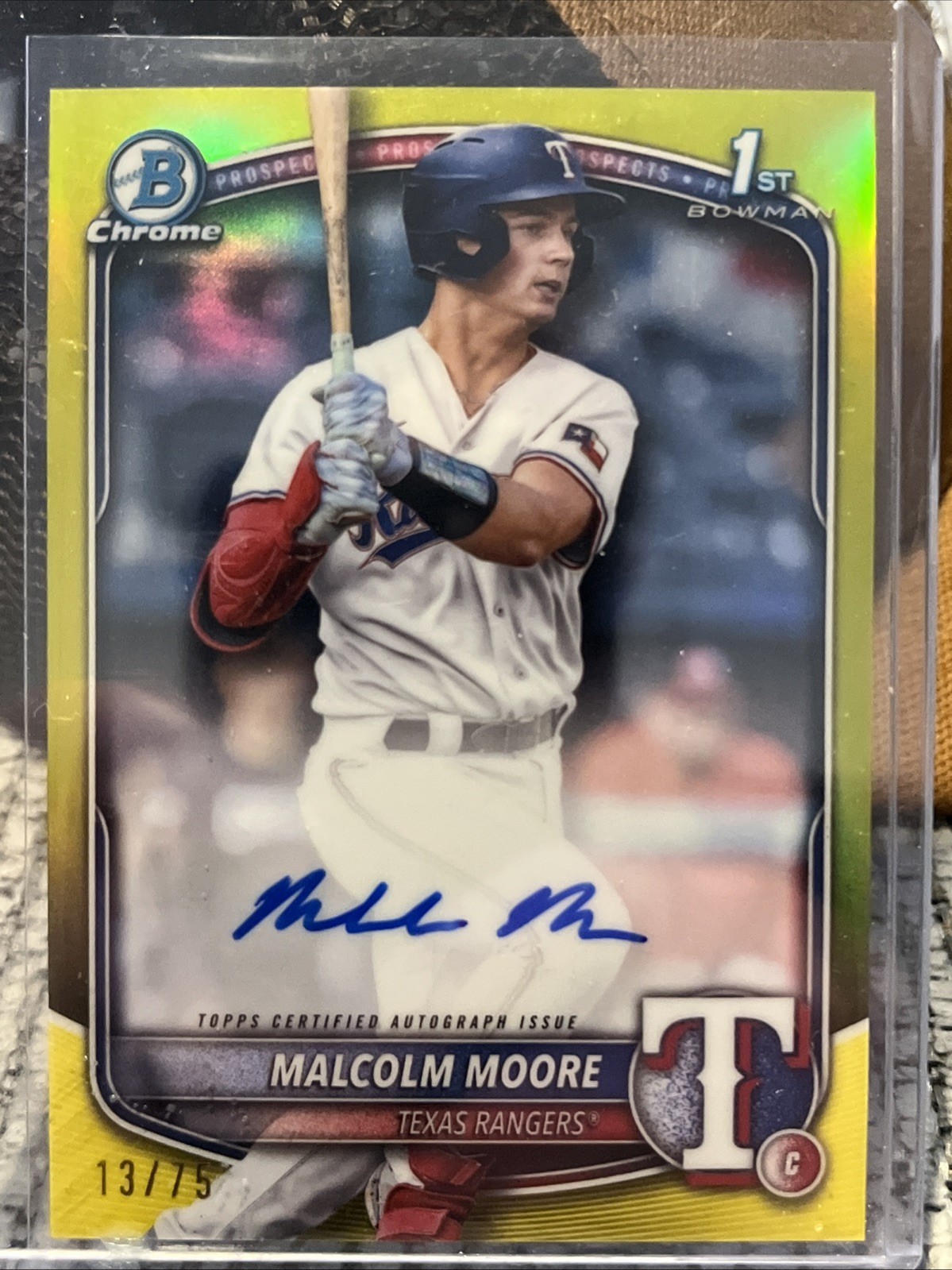 2025 Bowman Malcolm Moore Chrome 1st Prospect Yellow Auto # /75 Texas Rangers