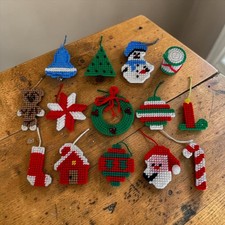 Handmade Plastic Canvas Needlepoint Christmas Ornaments, Lot of 14, Grannycore