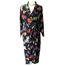 Vintage 80s Sue Wong Silk Wrap Midi Dress Size 6 Black Vegetable Print FLAWS