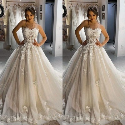 Elegant Wedding Dresses Strapless Lace Appliques A Line Sweep Train Bridal Gowns