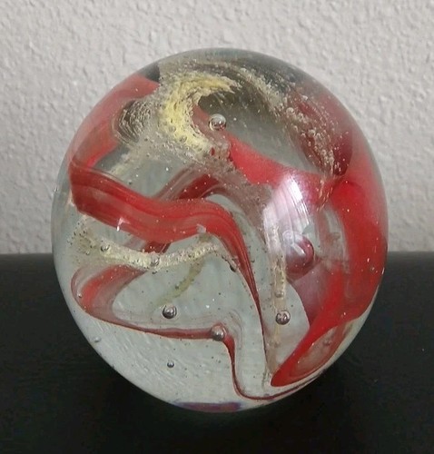 VINTAGE Handmade Red Floral Clear Glass Paperweight - Picture 3 of 8