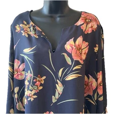 DR2 Blue Multicolor Tunic Blouse V Neck 3/4 Pleated Sleeve Women’s Size  2XL