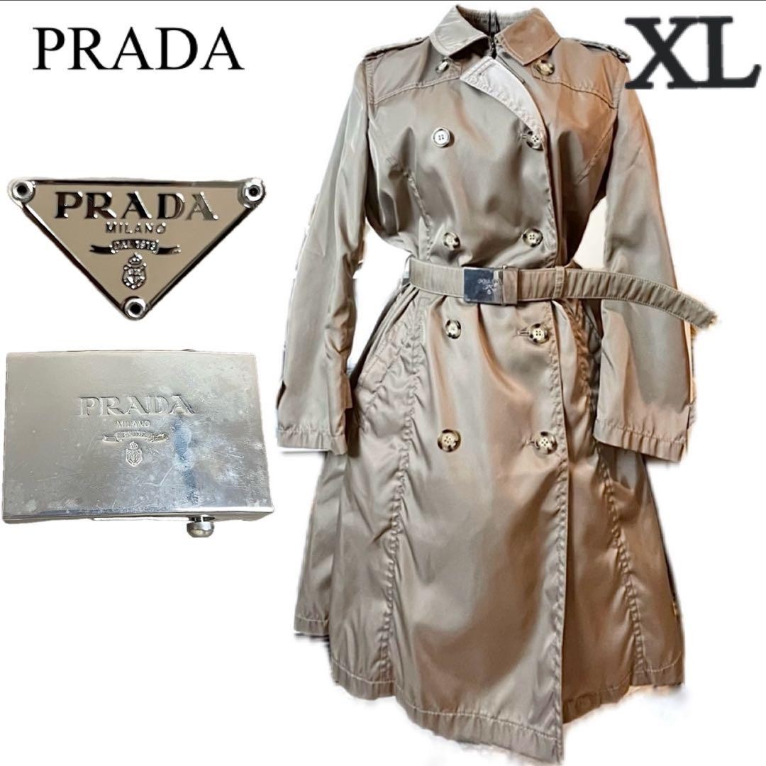 PRADA Trench Coat Long Nylon Beige XL 93cm Length Logo Belt