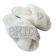 Bride Ivory Fur Pearl Rhinestone Criss Cross Slippers Wedding 8 Bachelorette