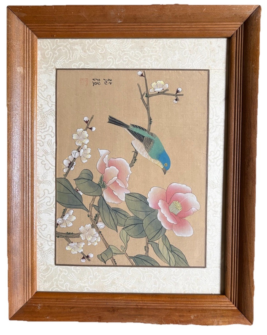 水彩画 　題名「疾走」 Vintage Chinese Watercolor Painting On Silk Red Stamp Chinese
