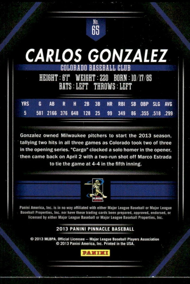 2013 Pinnacle Artists Proof #65 Carlos Gonzalez - NM-MT - Image 2 of 2