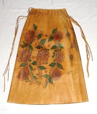 Vintage Early 1970s Char Floral Hand Painted Leather Wrap Skirt Mexico Santa Fe