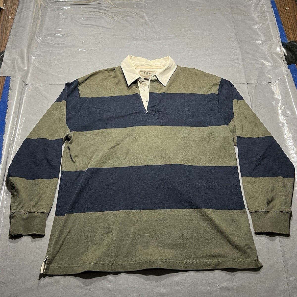 LL Bean Rugby Shirt Mens Large Green Blue Striped Cotton