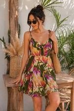 Tropical Floral Mini Dress Womens Small Spaghetti Strap Linen Knot Front Summer