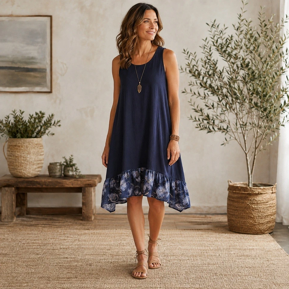 LOGO by Lori Goldstein Cotton Modal Dress with Eyelet Hem Black Size Large - Image 1 of 4