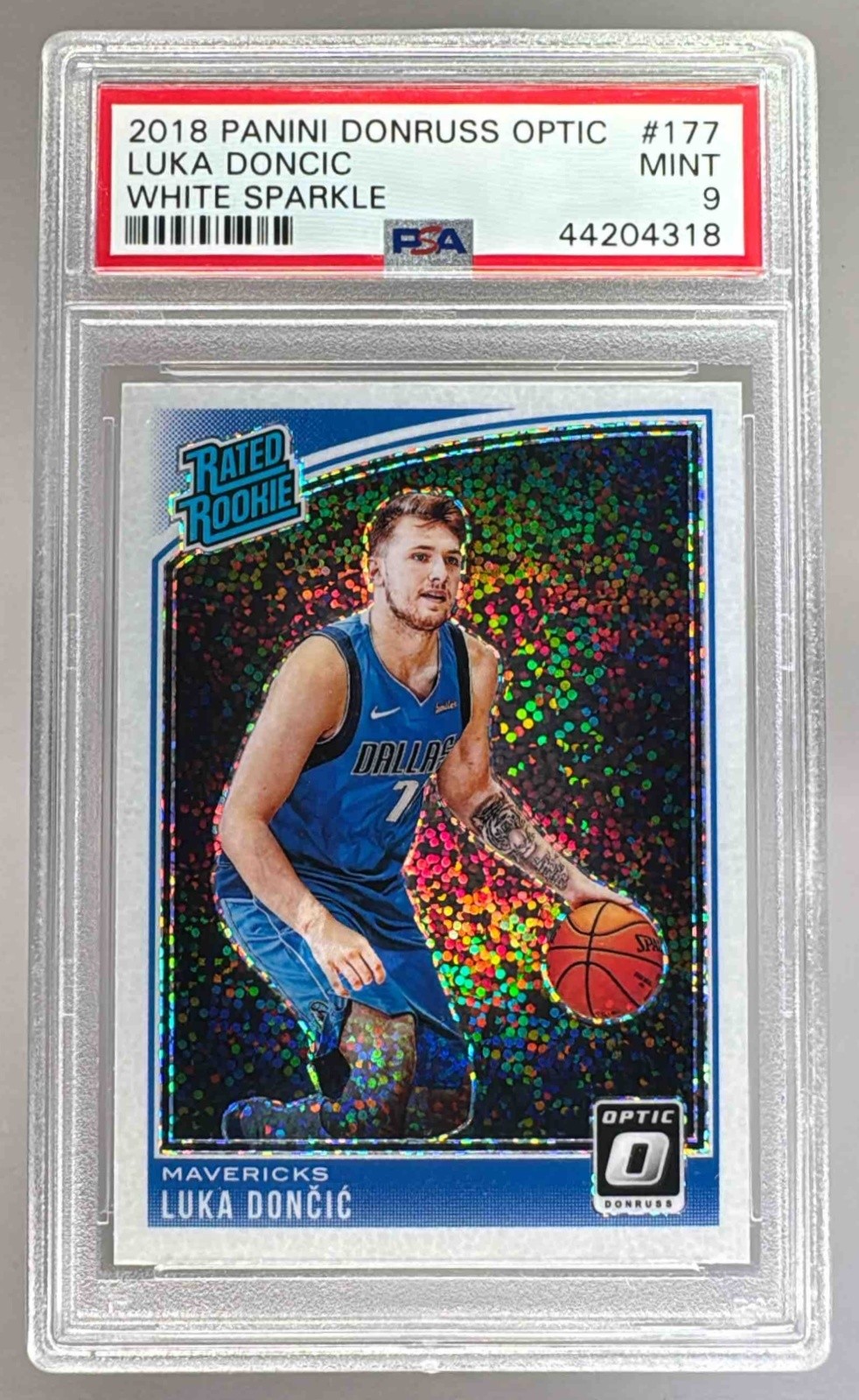 Luka Doncic 2018 Panini Donruss Optic #177 White Sparkle Prizm RC Rated SP PSA 9