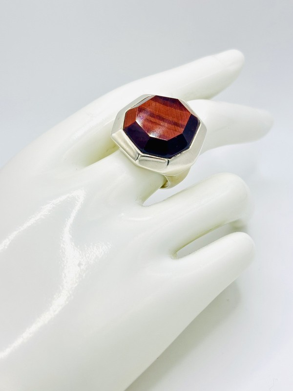 Vintage Large Sterling Silver Tiger's Eye Ring Deco Retro MCM  Size 7 - 13.3g