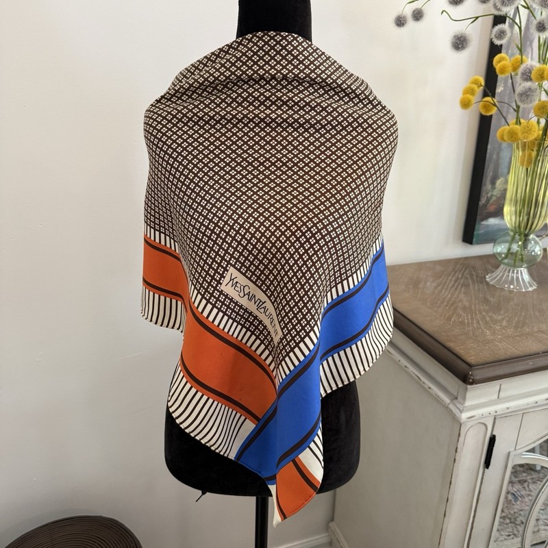 Yves Saint Laurent Silk Scarf Blue Orange White Hand Rolled