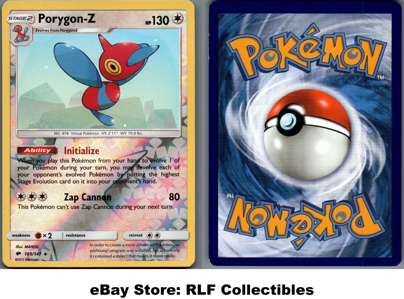 2017 Pokemon, S&M Burning Shadows, #105/147 Porygon-Z, Reverse Holo Rare