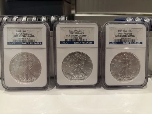 Lot Of 3 2007 Silver Eagle NGC Gem Uncirculated Early Releases Sequential