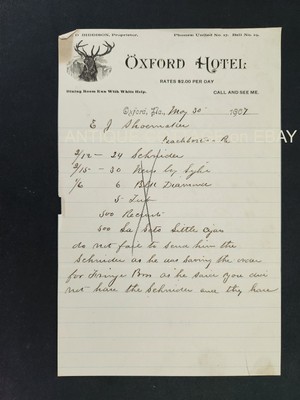 1907 antique OXFORD HOTEL pa LETTERHEAD TO E J SHOEMAKER