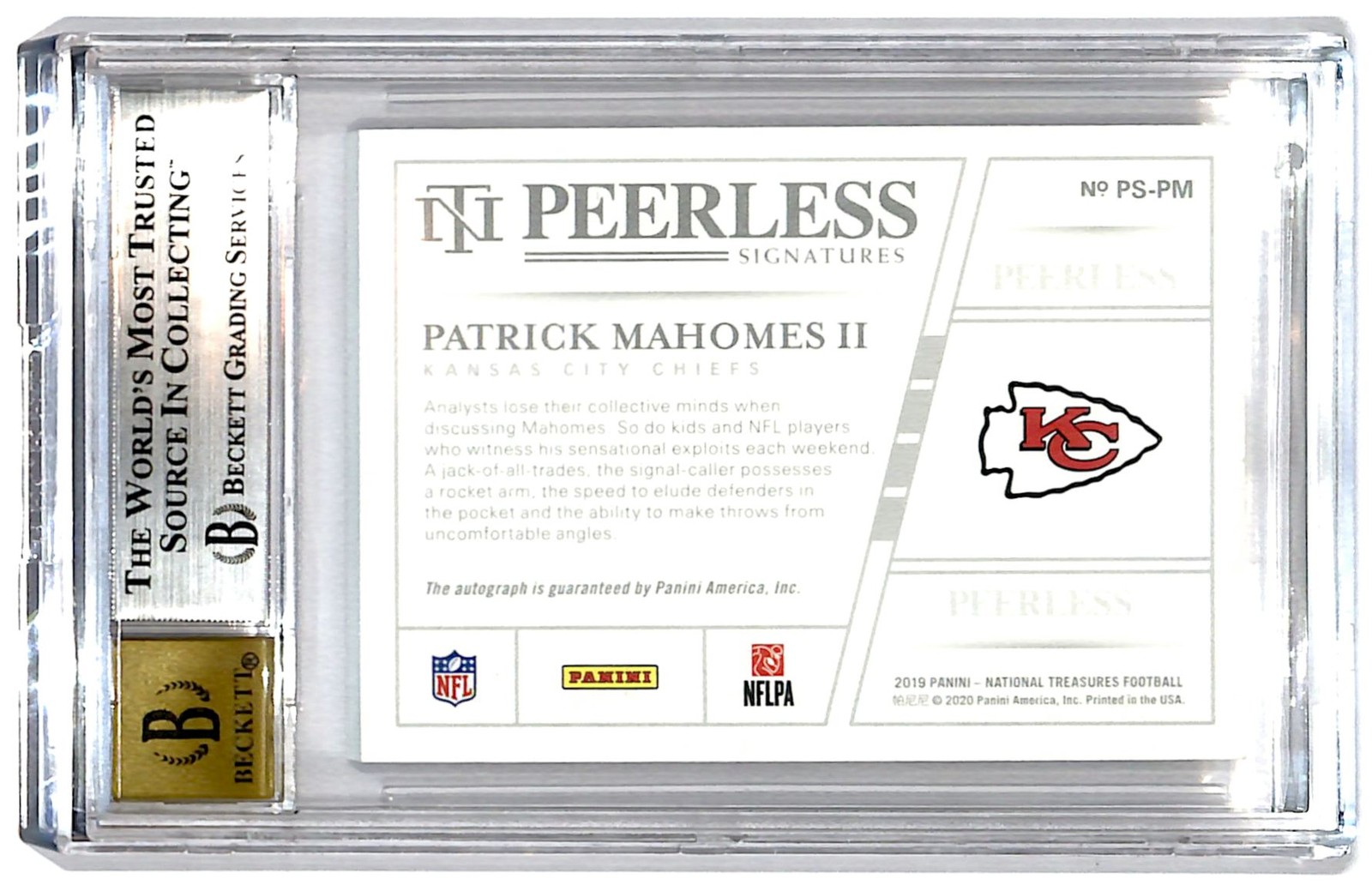 2019 National Treasures Peerless 19/25 Patrick Mahomes Auto BGS 8.5 R6220J view 2