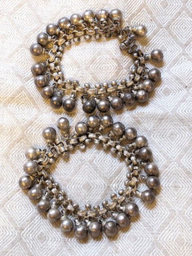 A Pair of Antique Indian Silver Anklets with Bells from Rajasthan