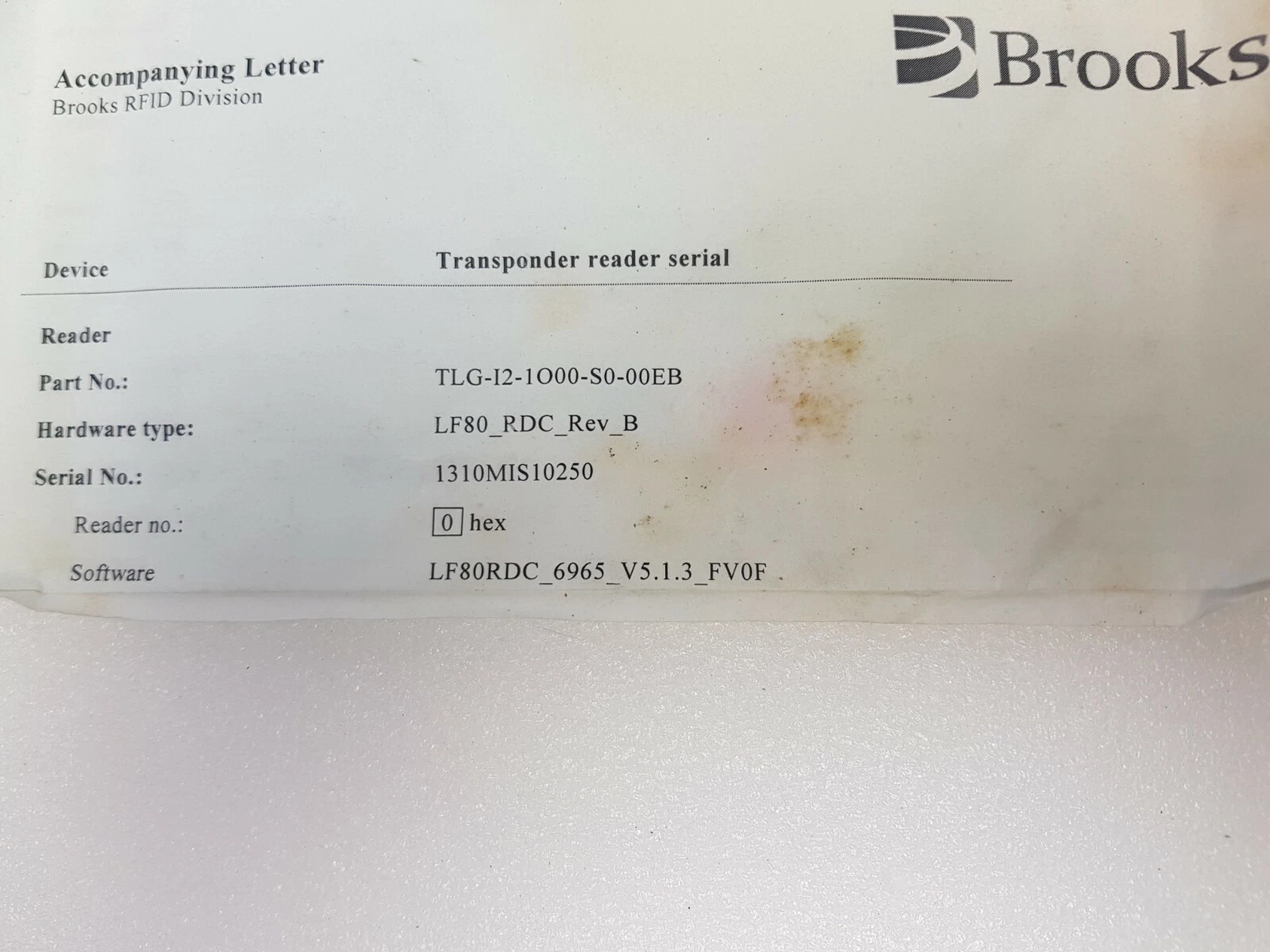 Brooks RFID Division accompanying letter for a transponder reader, LF80_RDC_Rev_B