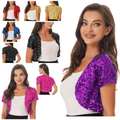 Damen Bolero Jacke Kurzarm Glitzer Shrug Pailletten Cardigan Tops Oberteile  Club