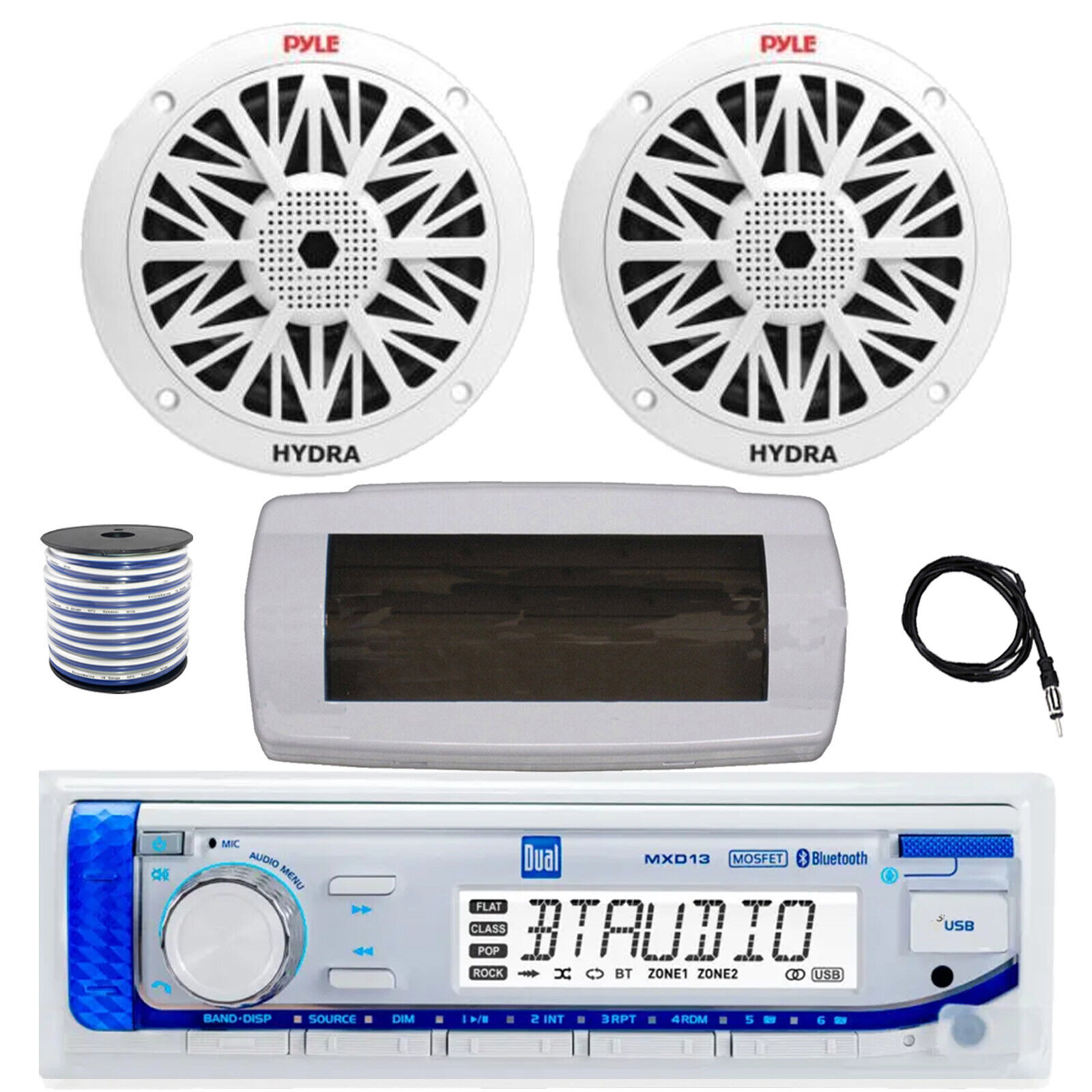 Dual Bluetooth Marine Receiver with Cover, Antenna, Wire & 2x 8