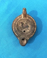 Antique Roman Terracotta Oil Lamp Antelope Ibex Horn Animal Decor