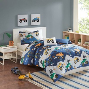 Boys Orange Green Monster Trucks Blue Twin Comforter Sham