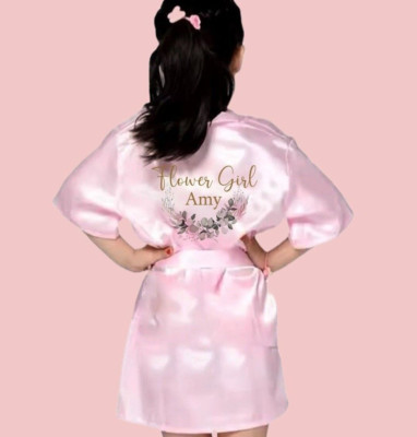 Personalisierter Morgenmantel Blumenmädchen rosa Seide Satin Kimono Bademantel Nachtwäsche